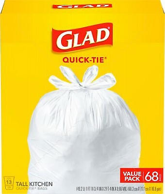 #ad Glad 60034 Quick Tie Closure Tall Kitchen Bag 68 Count 13 Gallon $28.14