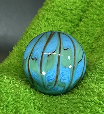 #ad #ad Art Glass Contemporary Handmade Marble 1.56quot; Blue Green Gold Lutz Swirl $39.95