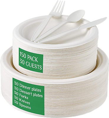 #ad 150 Count Compostable Plates and Utensils Heavy Duty Disposable Eco Friendly New $26.27