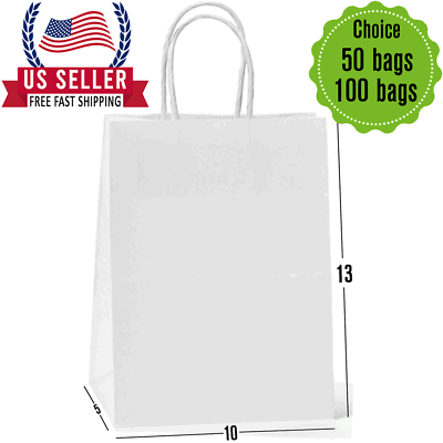 100 Bags 10X 5X13 White Paper Bags with Handles Bulks. $40.99