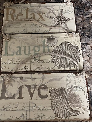 Set 3 Small Metal Signs Beachy Rope Hangers Live Laugh Relax themes $10.00