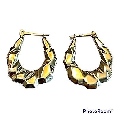 Vintage 90#x27;s 14K Yellow Gold Puffy Rock Organic Texture 1quot; Hoop Earrings 2.5g $180.00