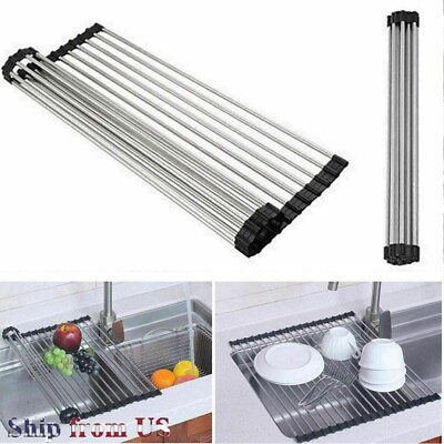 #ad #ad Large Kitchen Over Sink Drying Rack Dish Food Drainer Stainless Steel Roll Up $7.59