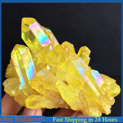 #ad #ad Natural Angel Aura Yellow Titanium Rock Stone Quartz Crystal Cluster Decor Reiki $11.01