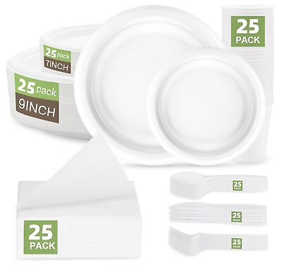 #ad Compostable Plates Set 200Pcs Eco friendly Heavy duty Disposable Cutlery Inc... $41.39