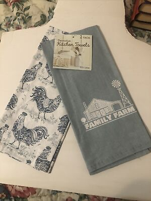Family Farm Kitchen Hand Towels Cotton Farm and Chicken Prints 2 new $6.50