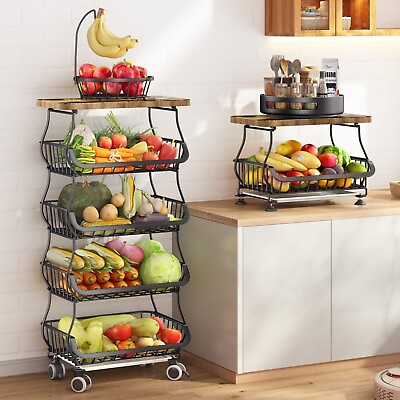 Fruit Basket for Kitchen with Wood Top 5 TierStackable Fruit and Vegetable Rack $59.99