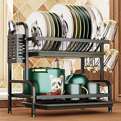 2 Tier Dish Drying Rack for Kitchen with Cup Holder Dish Drainer Drainboard $26.90