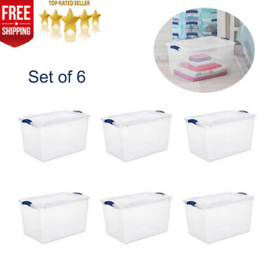 6 Pack Plastic Tote Storage Container Bin 66 Qt Stackable Box W Lid Organizer $47.60