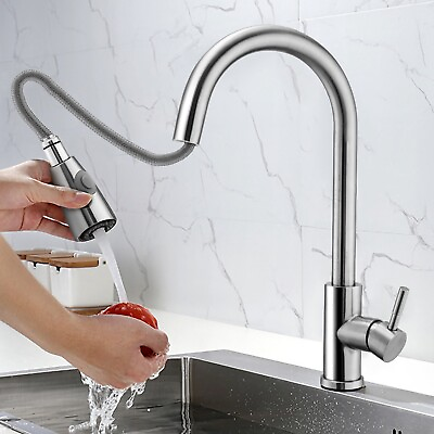Kitchen Stainless Steel Pull Out Faucet Sink Tap Single Handle Brushed Sprayer $32.49