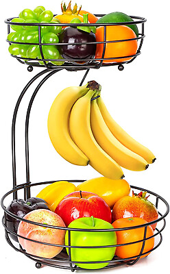 2 Tier Fruit Basket Bowl with Banana Hanger Detachable Vegetable Storage $15.99