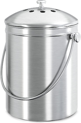 #ad 1.3 Gal. Compost Bin Stainless Steel Bucket with Lid Charcoal Filter Silver $45.99