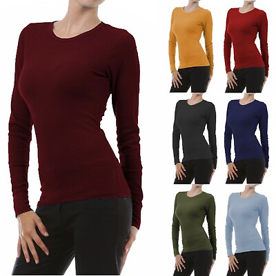 Womens Long Sleeve Thermal Top Crew Neck T Shirt Waffle Knit Layering Warm Soft $11.99