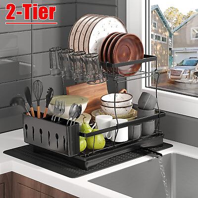 #ad 2 Tier Dish Drying Rack Drainer Stainless Steel Large Drain Board Kitchen Holder $26.59