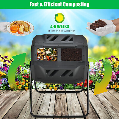 Compost Tumbler 45 Gallon Garden Waste Bin Fertilizer with Dual Rotating Chamber $65.99