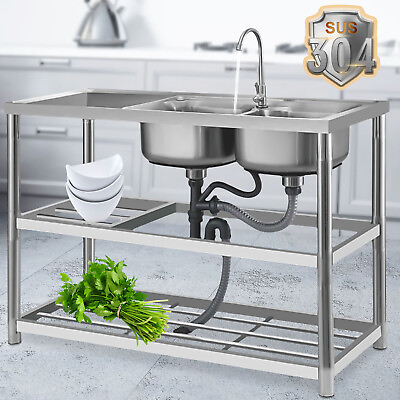 Commercial Sink Stainless Kitchen Utility Sink Bowl 2 Compartment Prep Table $255.15