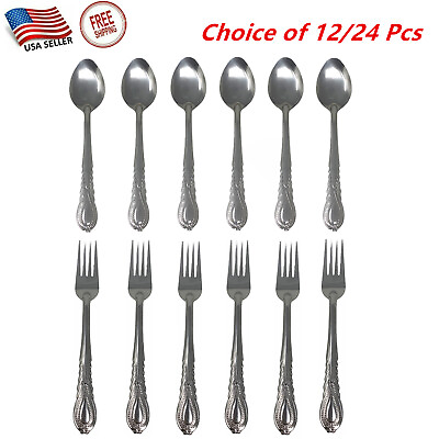 12 24 Pieces Stainless Steel Forks And Spoons Flatware Tableware Set Kitchen $9.99