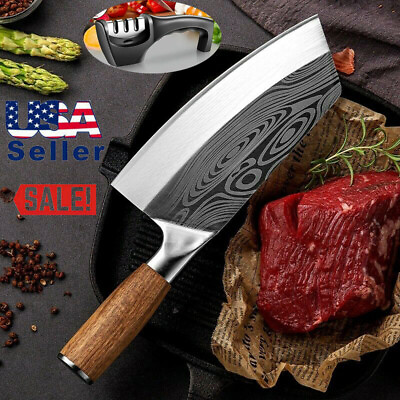 Knife Kitchen Stainless Steel Asian Chef Meat Chopping Damascus Cleaver Butcher $27.99