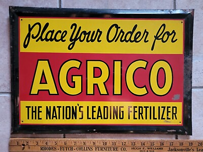 #ad Vintage Tin Over Cardboard Agrico Fertilizer Seed Farm Sign Metal Wall Hanger $450.00
