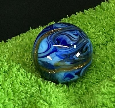 #ad Art Glass Contemporary Handmade Marble 1.22quot; Blue Gold Lutz Swirl $24.95
