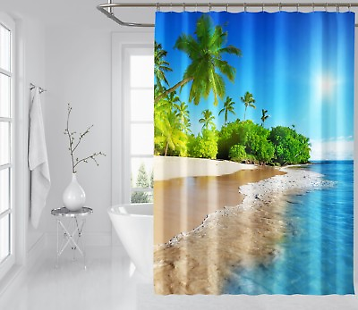 3D Sun Tree Beach 78 Shower Curtain Waterproof Fiber Bathroom Windows Toilet AU $199.99