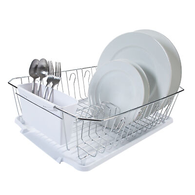 #ad Kitchen Details White 3 Piece 1.5 lb Chrome Dish Rack Cutlery Drainer Organizer $14.12