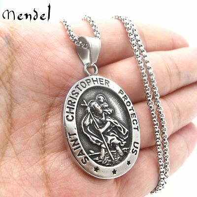 #ad MENDEL Mens St Saint Christopher Medal Pendant Necklace Stainless Steel Amulet $10.99