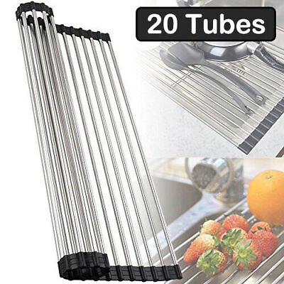 #ad Kitchen Over the Sink Drying Rack Dish Food Drainer Stainless Steel Roll Up $9.90