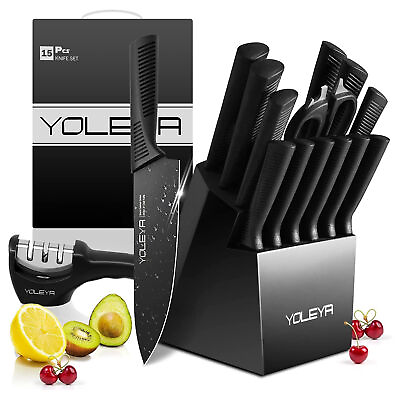 YOLEYA 15 Piece Kitchen Steel Knife Set with Block and Non Stick Coating Black $121.99