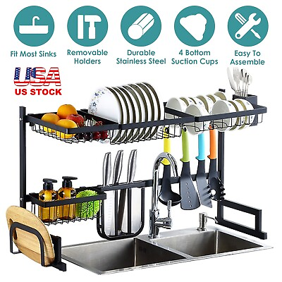 33.7in Over The Sink Dish Drying Rack Adjustable Kitchen Black Dish Drainer Tray $50.48