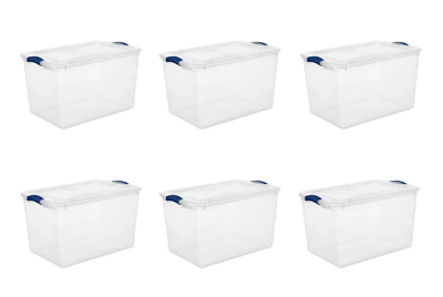 Plastic Storage Container Bins With Lids 66 Quart Tote Box Transparent Set of 6 $49.80