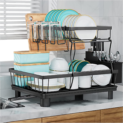 2 Tier Drying Dish Rack and Drain Board Set Utensil Holder Metal Kitchen Counter $29.89