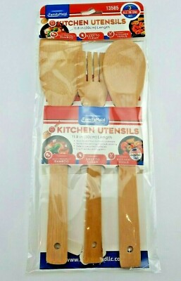 Bamboo Cooking Utensil Set of 3 Natural Kitchen Tools 12quot; Spoon Turner Fork $11.99