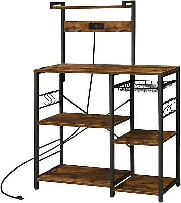 Kitchen Bakers Rack with Power Outlet Microwave Oven Stand Storage Shelf Hooks $69.99