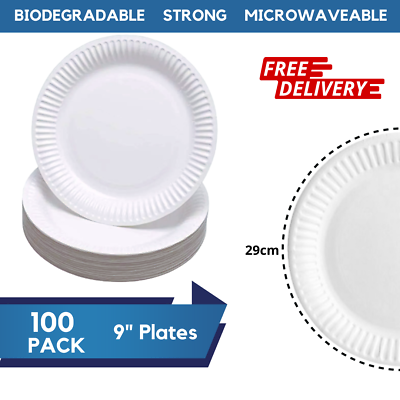 #ad #ad 100 White Paper Plates 9quot; 23cm Disposable Strong Compostable Plates Tableware GBP 9.99
