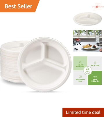 #ad Eco Friendly 9 Inch Compostable Plates 125 Pack White 3 Compartment Design $36.99