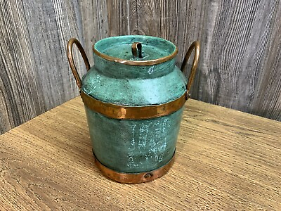 #ad Copper Bucket with Enamel Painted Sides Hand Hammered With Riveted Trim L7 $24.99