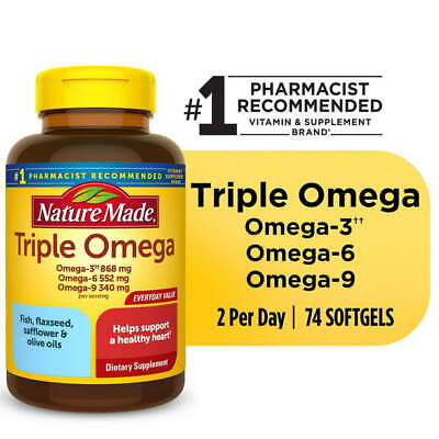 #ad Nature Made Triple Omega 3 6 9 Softgels Heart Cardio Dietary Supplement 74 Count $37.24