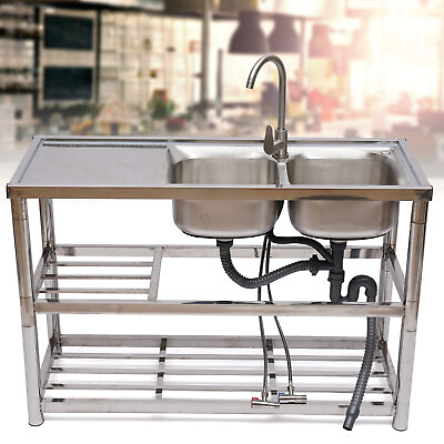Commercial Sink Stainless Kitchen Utility Sink 2 Compartment w Prep Tableamp;Faucet $270.01