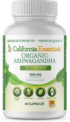 Ashwagandha Supplement 1300 MG Organic Root Powder 60 Capsule $12.95