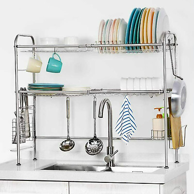 2 Tier sink dish drying rack cutlery drainer stainless steel kitchen shelf $28.99