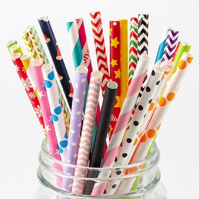 US 100 200 Bulk Packed Paper Straws Pattern Color Biodegradable FDA Approved $6.62