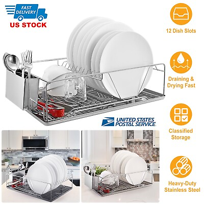 #ad Stainless Steel Dish Drying Rack Dish Rack w Drainboard Cutlery Kitchen Holder $42.62