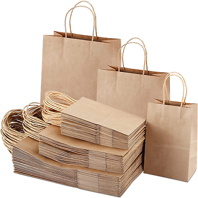 90 Pcs Paper Bags Brown kraft Bag with Handles Gift Retail Merchandise Shopping $36.29