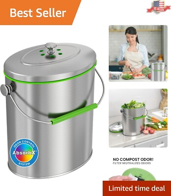 #ad Elegant Stainless Steel Compost Bin with Odor Filter 6L Space Efficient Design $46.95